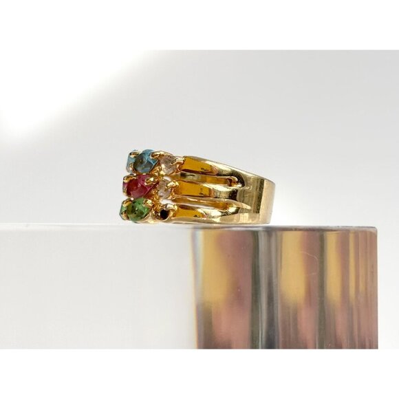 18k Gold HGE Multi Gemstone Triple Row Cocktail Vintage Ring - sz 6 - Picture 6 of 10